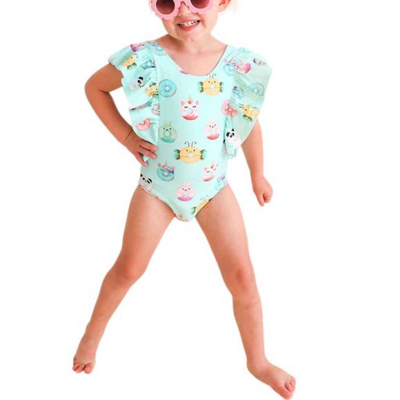NEW POSH PEANUT girl's donut one piece ruffled cap sleeve swimsuit in blue - Picture 3 of 4